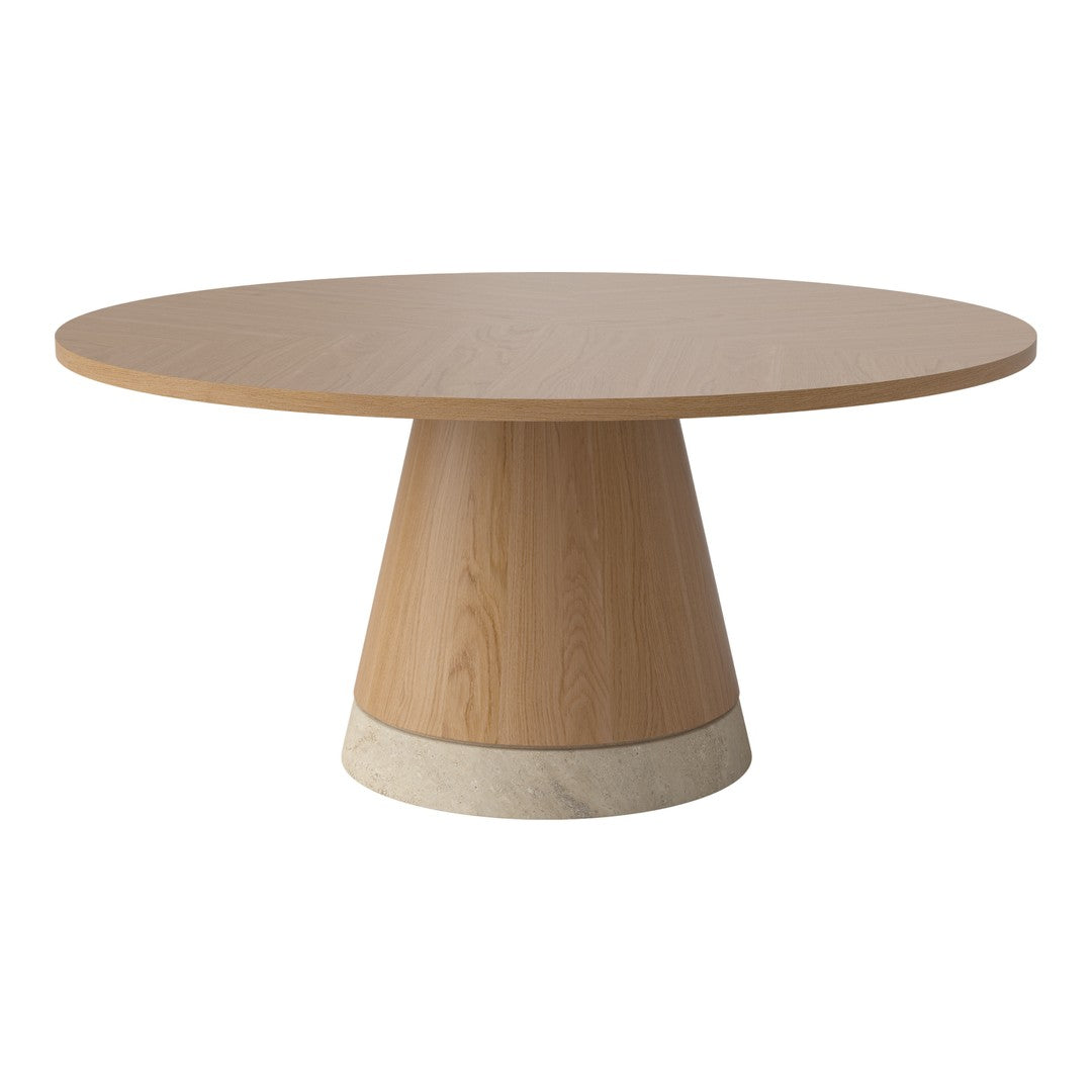 Round wooden table with a light natural finish and a smooth, cream-colored base. Simple, modern design.