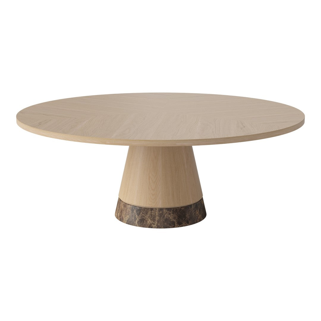 Round wooden dining table with a light natural finish and a textured dark base. Elegant and modern design.