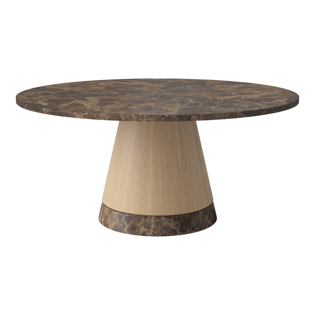 Round coffee table with a brown marble top and a contrasting light wood conical base. Elegant and modern design.