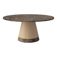Round coffee table with a brown marble top and a contrasting light wood conical base. Elegant and modern design.