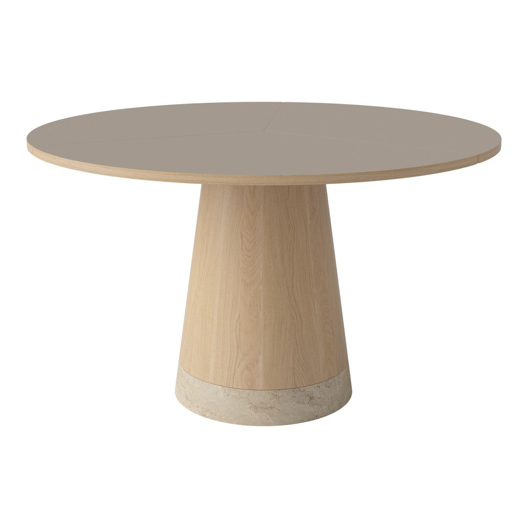 Round dining table with a light wood base, smooth gray top, and subtle textured cream accent at the base.