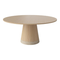 Natural wood round dining table with a smooth finish and a stylish concrete base, featuring a minimalist design.