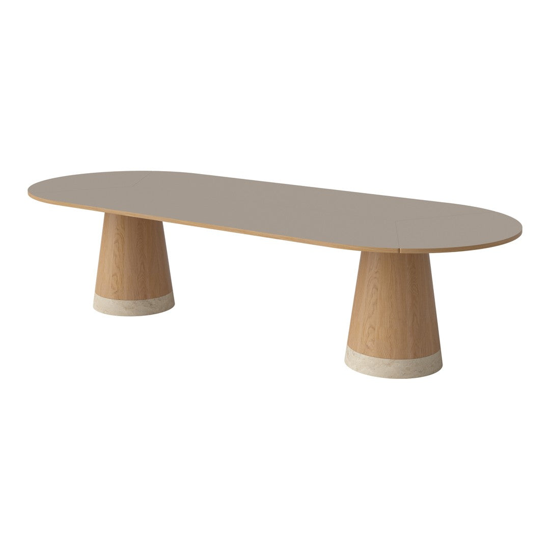 Modern oval coffee table with a soft gray top and light wood legs, featuring white bases for a sleek design.