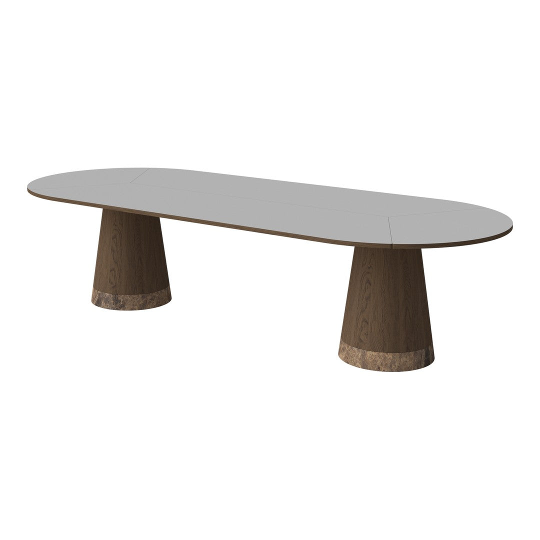 Modern oval table with a sleek gray top and textured brown conical legs, perfect for contemporary spaces.