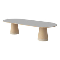 Gray oval tabletop with light wooden conical legs, featuring a minimalist design and smooth surface.