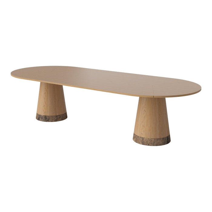 Light beige oval table with natural wood grain legs, featuring a smooth, minimalist design and earthy tones.