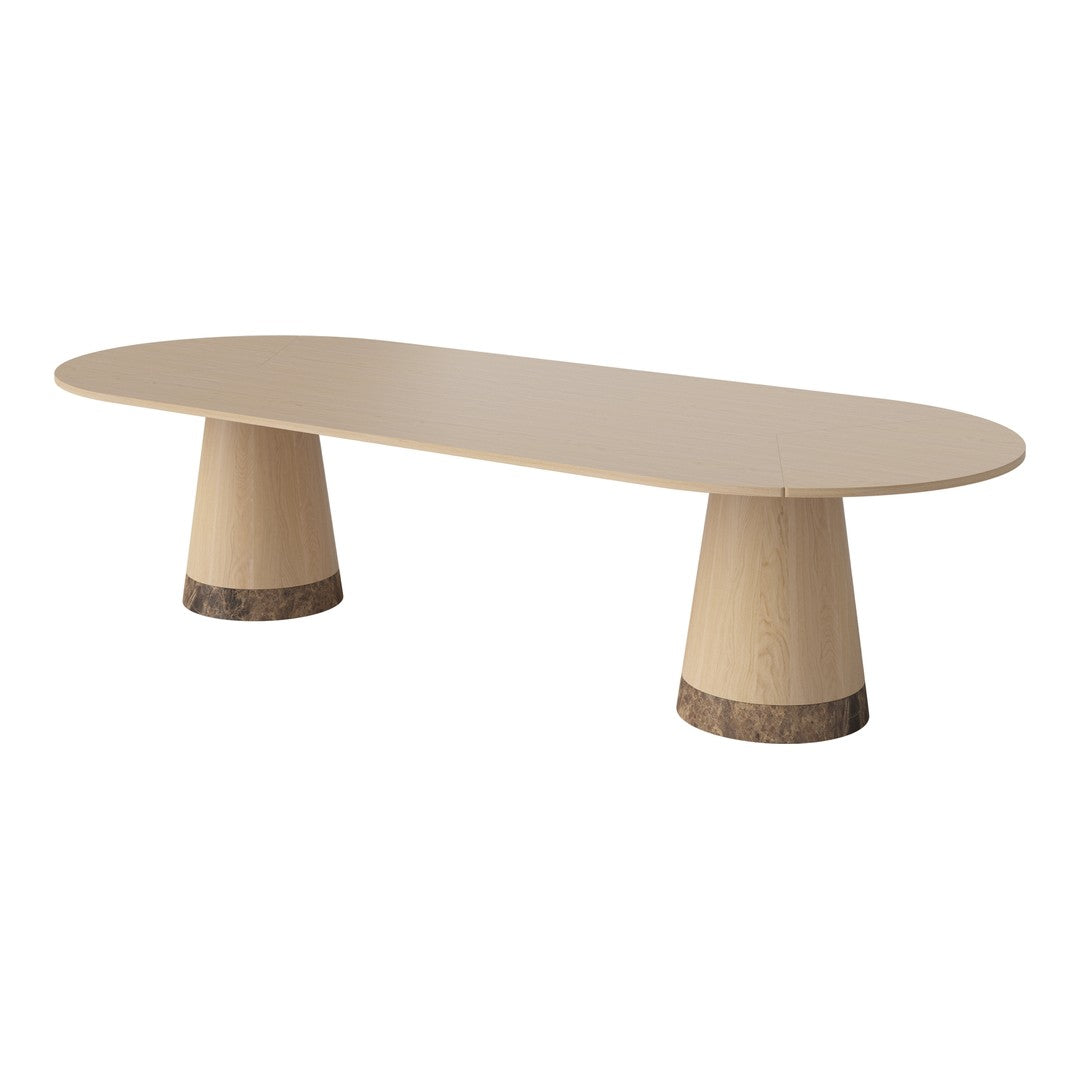 Elegant oval coffee table in soft beige with natural wood base accents, perfect for modern interiors.
