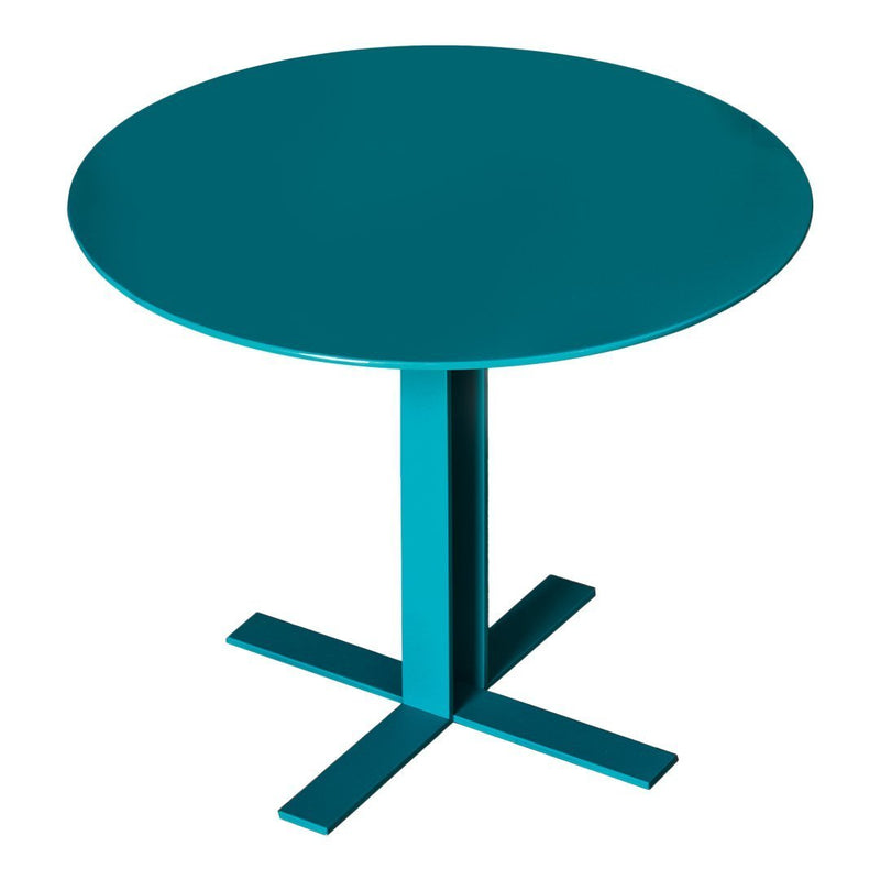 Teal round table with a sleek, minimalist design and a solid cross base, perfect for modern decor.