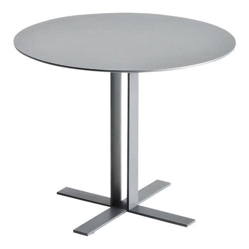 Modern round table in sleek silver finish with a minimalist design and cross-base pattern. Perfect for contemporary spaces.