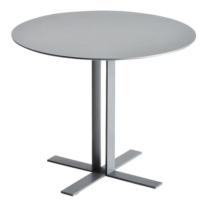 Modern round table in sleek silver finish with a minimalist design and cross-base pattern. Perfect for contemporary spaces.