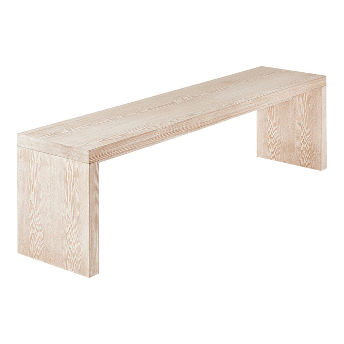 Light wooden bench with a smooth, natural finish and clean lines, showcasing a minimalist design in a pale hue.