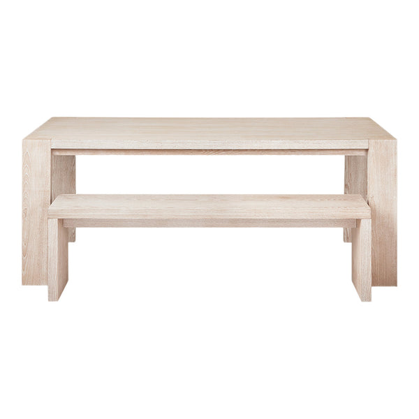Light wood dining table with a minimalist design and smooth, natural finish. Sleek, modern lines without patterns.