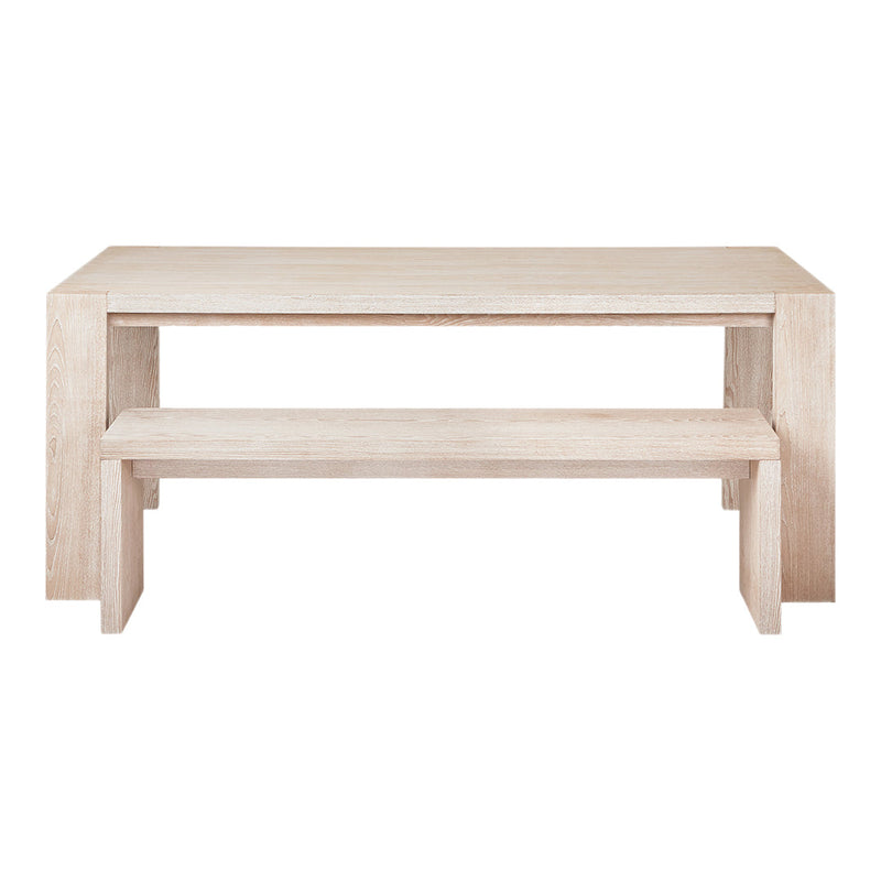 Light wood dining table with a minimalist design and smooth, natural finish. Sleek, modern lines without patterns.
