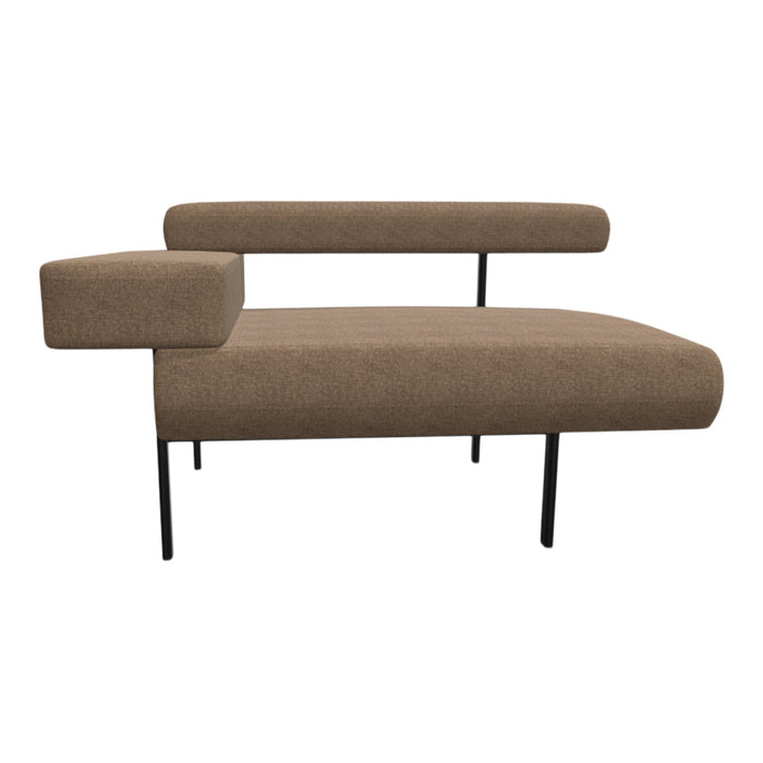 Brown textured fabric sofa with sleek black metal legs and minimalist design. Ideal for modern living spaces.