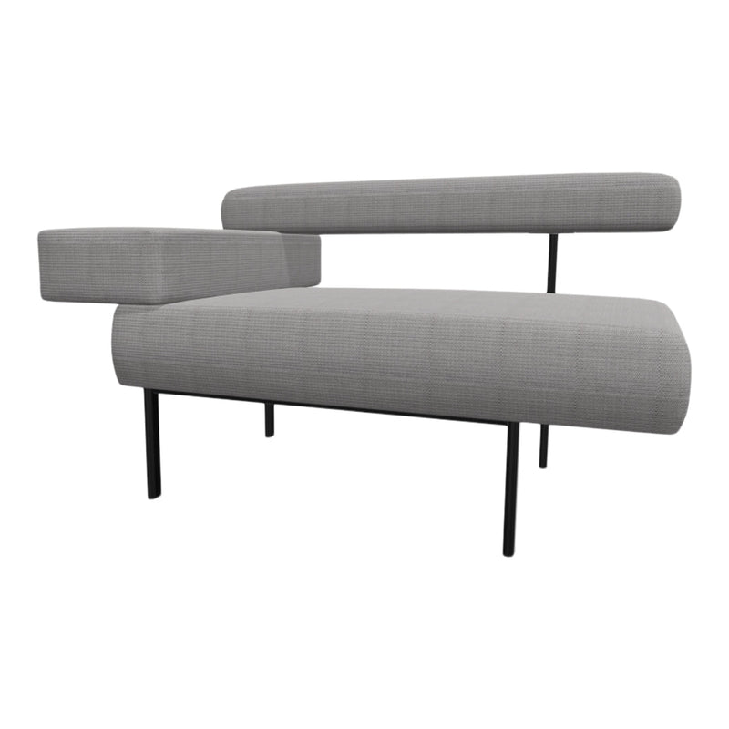 Stylish light gray fabric lounge chair with modern black metal legs and unique geometric patterns.