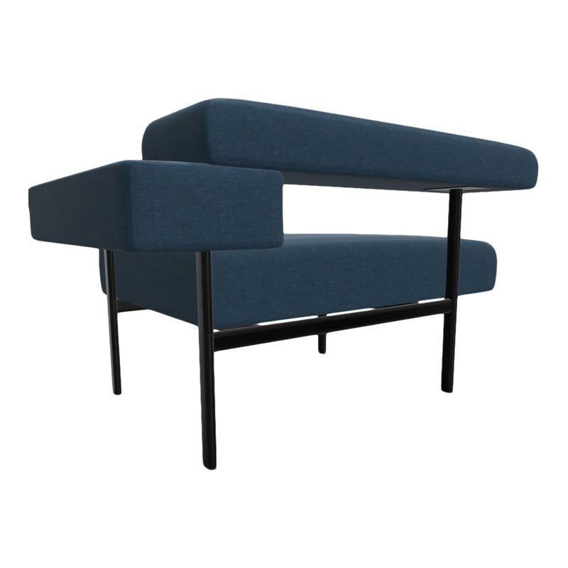 Sleek blue upholstered chair with a modern design and black metal legs. Perfect for contemporary interiors.