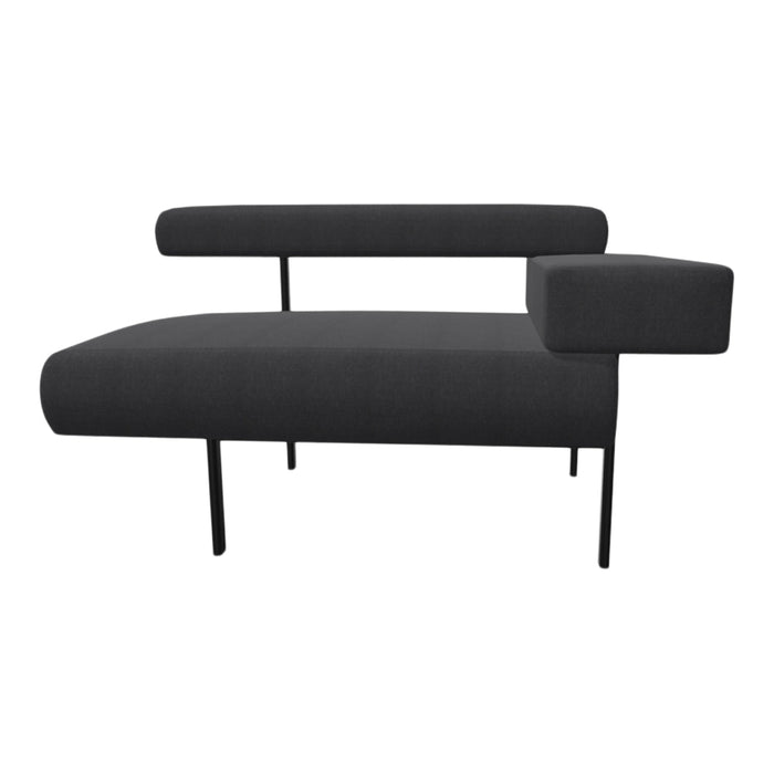 Stylish dark gray sofa with a minimalist design and modern black legs, featuring smooth, textured upholstery.