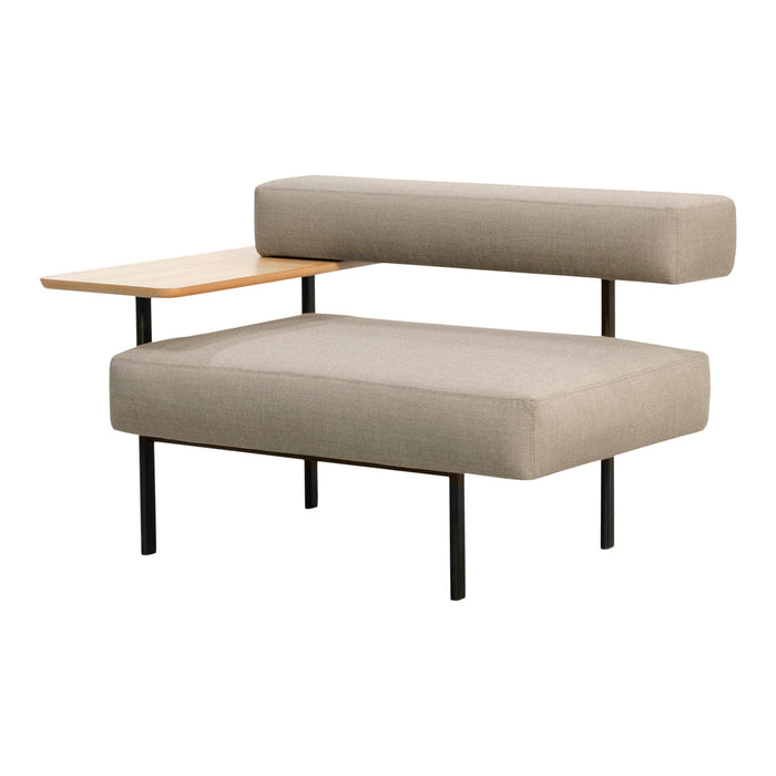 Stylish beige sofa with clean lines and a natural wood accent table, perfect for modern living spaces.