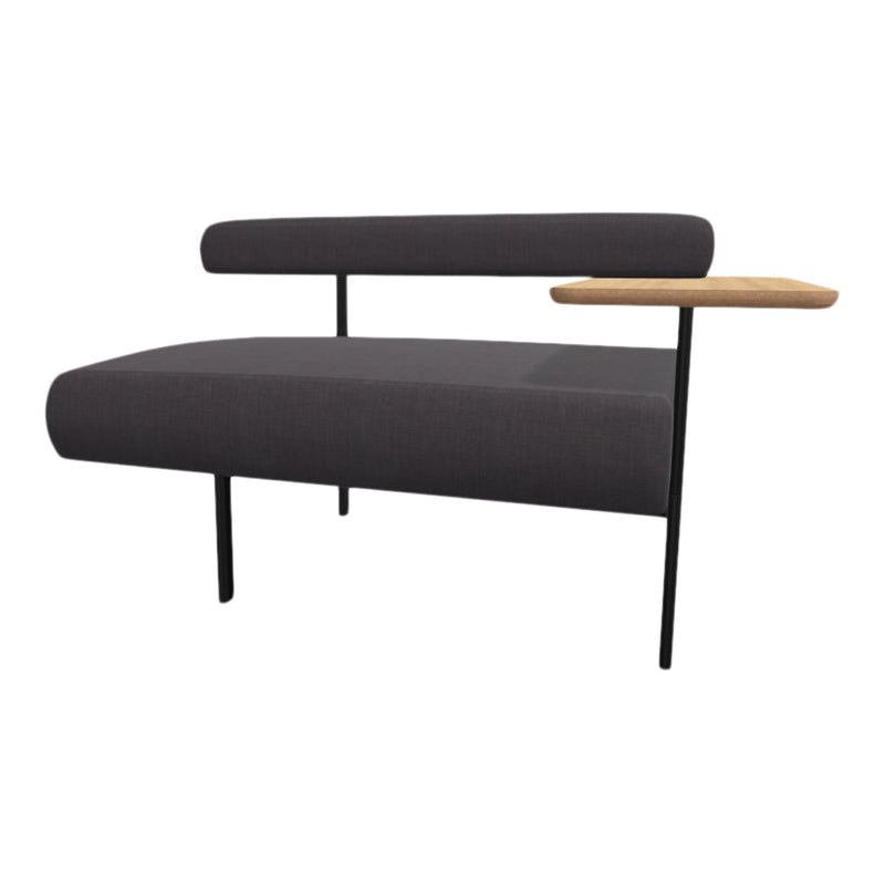 Modern black and gray sofa with a wooden side table, featuring a sleek, minimalist design.