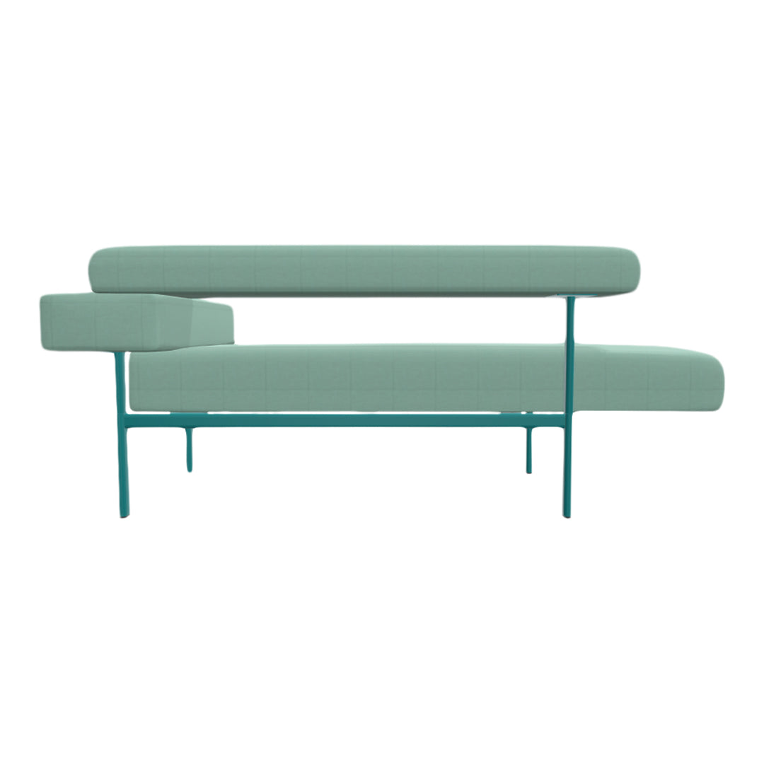 A stylish, mint green sofa with a geometric pattern and a sleek teal metal frame. Perfect for modern decor.
