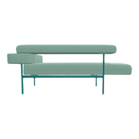 A stylish, mint green sofa with a geometric pattern and a sleek teal metal frame. Perfect for modern decor.