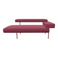 Modern sofa in deep burgundy with sleek lines and minimalistic design, featuring a contrasting metal base.