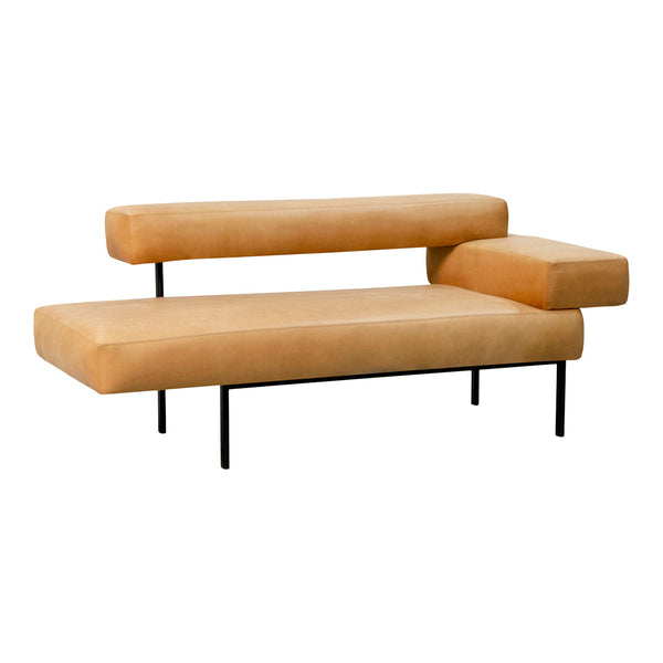 Stylish light tan modular sofa with smooth leather texture and sleek black metal legs.
