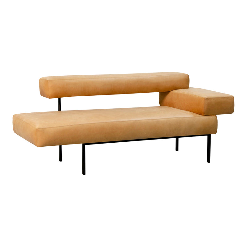 Stylish light tan modular sofa with smooth leather texture and sleek black metal legs.