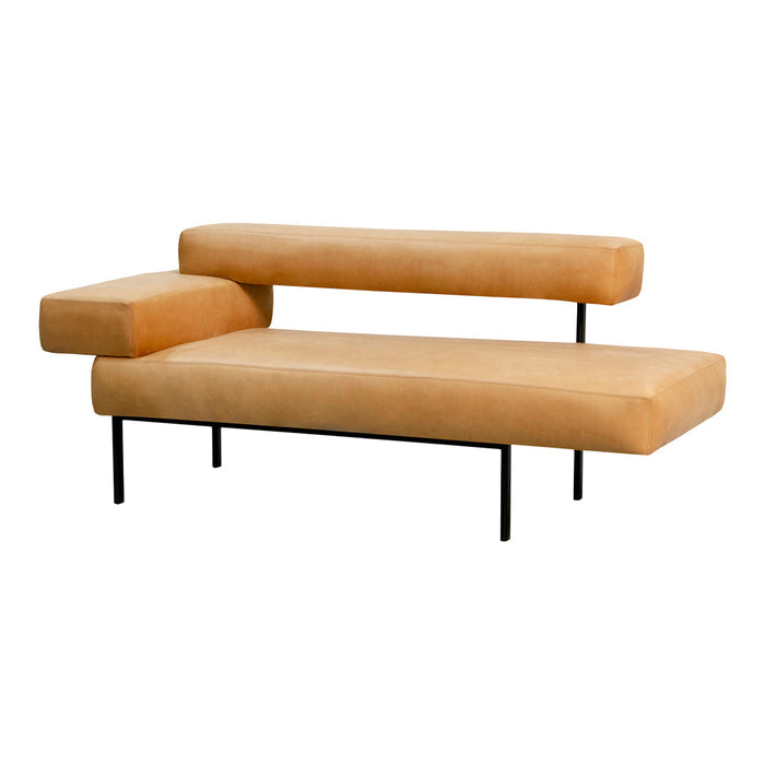 Stylish tan leather sofa with sleek black metal legs, featuring a modern minimalist design. Perfect for contemporary decor.