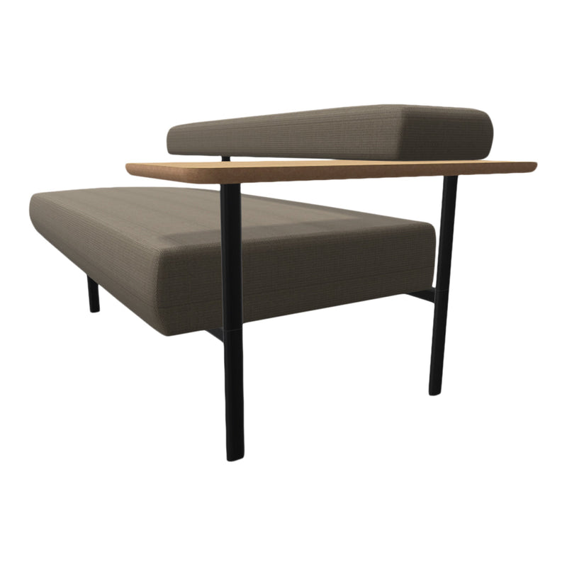 Brown textured upholstery with sleek black legs and a contrasting light wood accent table. Modern minimalist design.