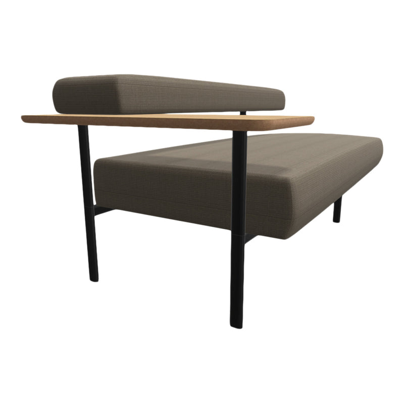 Modern sofa with a textured brown fabric and sleek black metal frame, featuring a minimalist design with wooden accents.