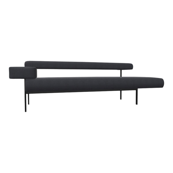 Sleek modern sofa in dark gray fabric with minimalist black metal legs and clean lines, perfect for contemporary decor.