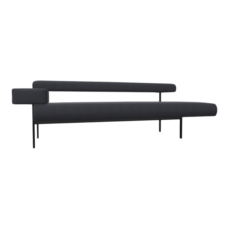 Sleek modern sofa in dark gray fabric with minimalist black metal legs and clean lines, perfect for contemporary decor.