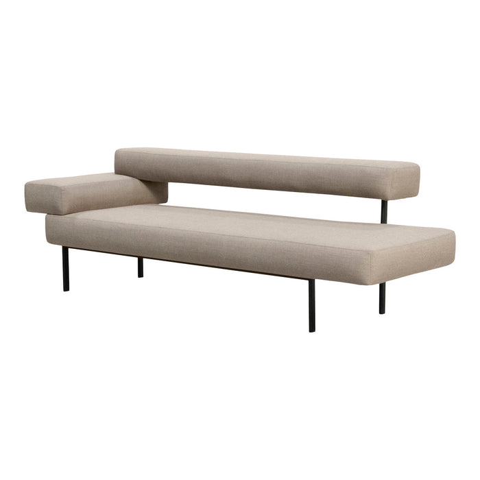 Beige fabric sofa with minimalist design, featuring black metal legs and sleek, geometric lines. Ideal for modern decor.