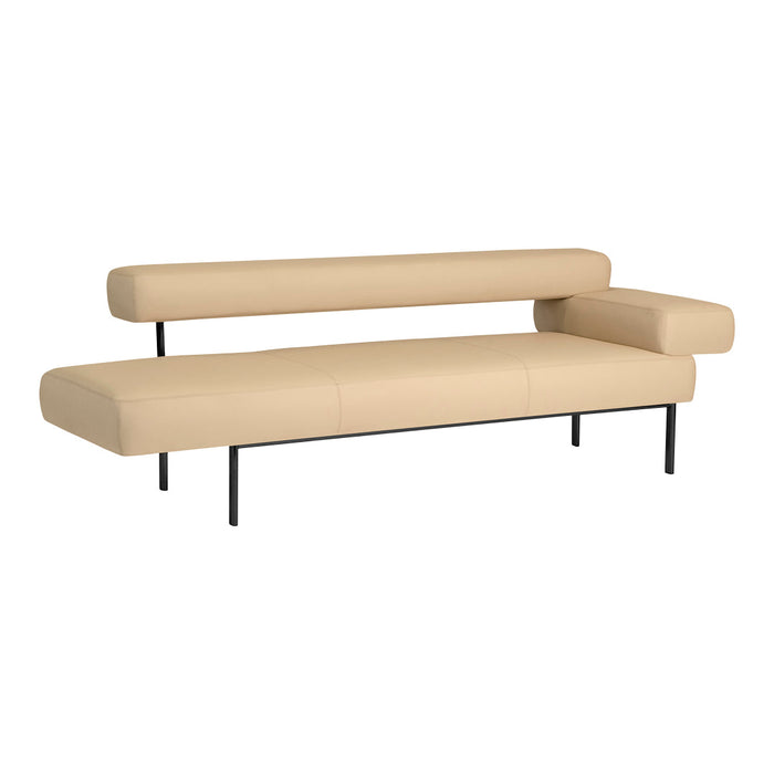 Beige leather sofa with sleek black metal legs, featuring a minimalistic and modern design.