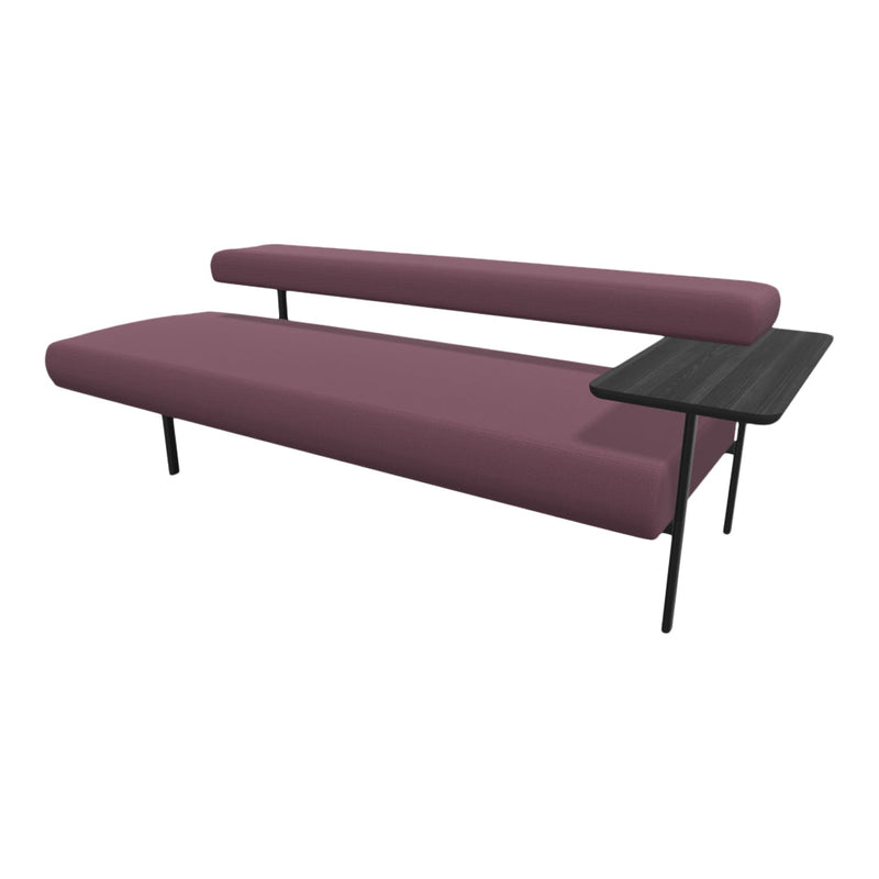 Modern sofa in rich burgundy with sleek black legs and a minimalist side table, featuring a textured fabric pattern.