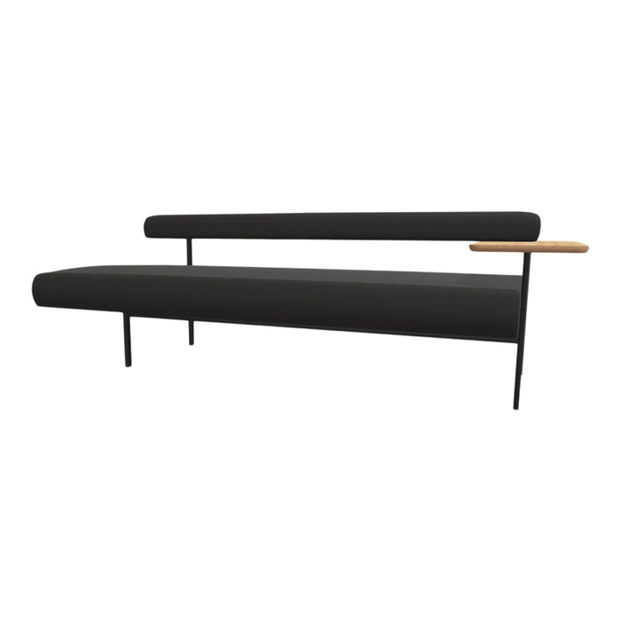 Modern black sofa with sleek lines and a wooden armrest, featuring a minimalist design and subtle textures.