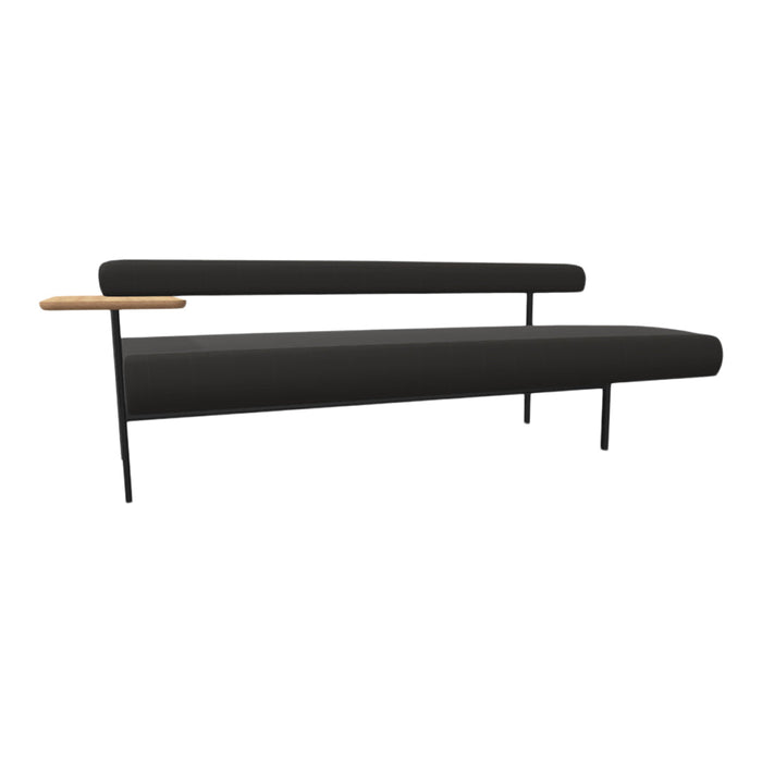 Modern black sofa with sleek lines and a contrasting wooden side table, perfect for stylish interiors.