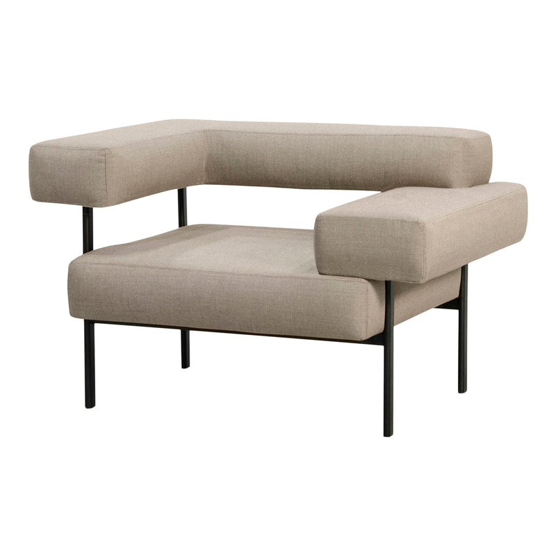 Beige upholstered chair with a modern design and black metal legs, featuring a sleek and minimalist aesthetic.