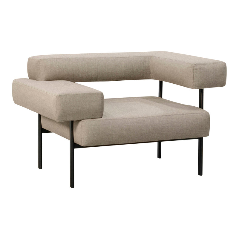 Beige modular armchair with a minimalist design and textured upholstery, featuring a sleek black metal frame.