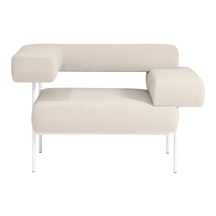 Beige textured sofa with a modern design and white legs, featuring clean lines and a minimalist aesthetic.