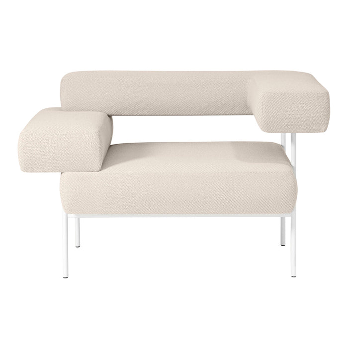 Beige textured fabric armchair with minimalist white metal legs, showcasing modern design and neutral tones.
