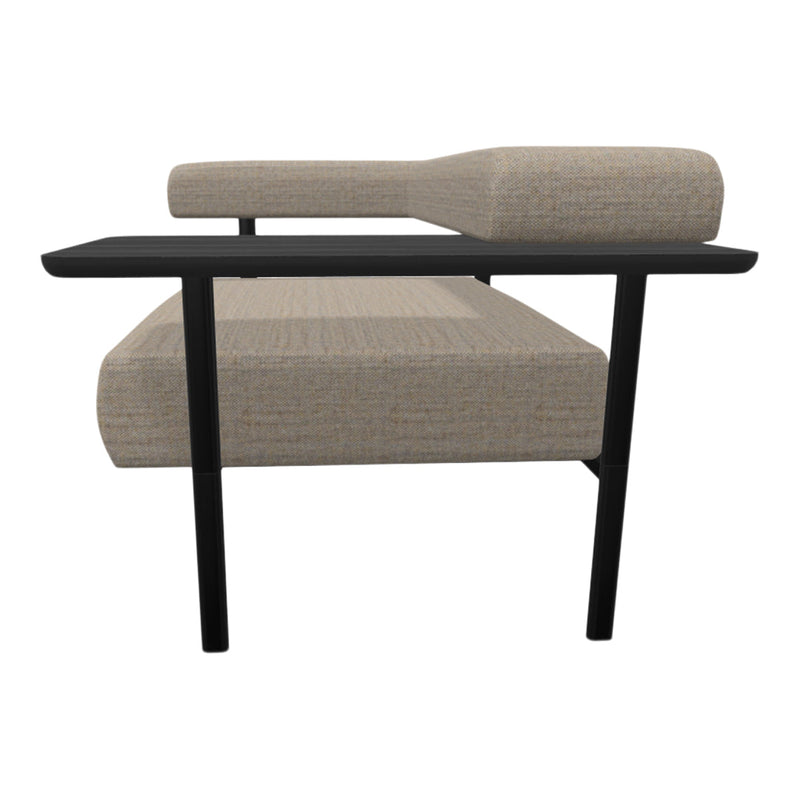 Beige fabric upholstery with subtle texture, paired with sleek black metal legs for a modern contrast.