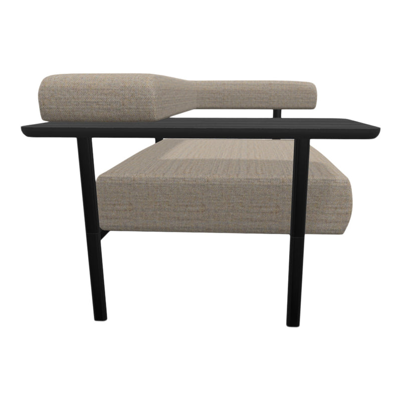 Modern bench with a textured beige cushion and sleek black legs, featuring a minimalistic design.