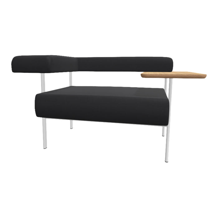Modern black upholstered bench with a sleek white frame and a natural wood accent tabletop.