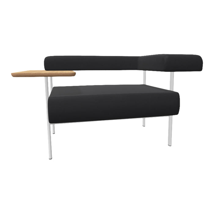 Sleek black modern seating with minimalist white legs and a natural wood side table accent.