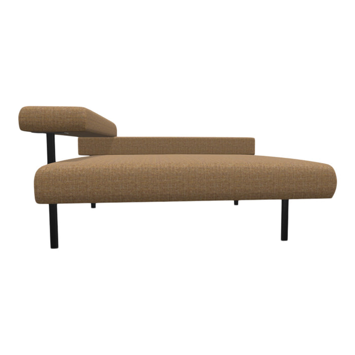 Textured tan fabric chaise lounge with sleek black metal legs, offering a modern, minimalist aesthetic.