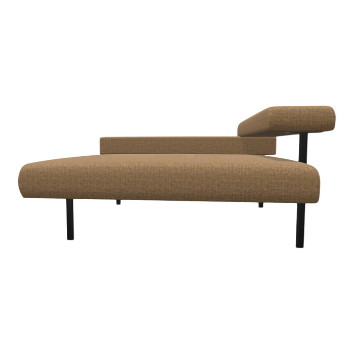 Tan fabric lounge sofa with a textured pattern and sleek black metal legs. Modern design for contemporary spaces.