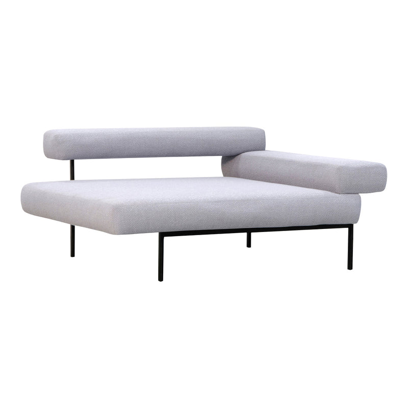 Light gray upholstered sofa with a textured pattern and sleek black metal legs. Modern and minimalistic design.