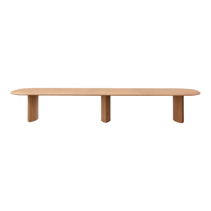 Light wood bench with a smooth, natural grain finish and a minimalist design, featuring rounded edges and three legs.